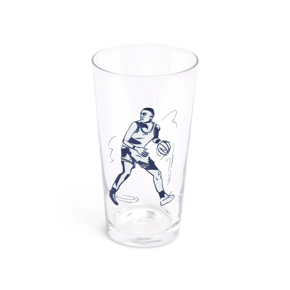 Basketball pint glass at a slight angle showing the player illustration