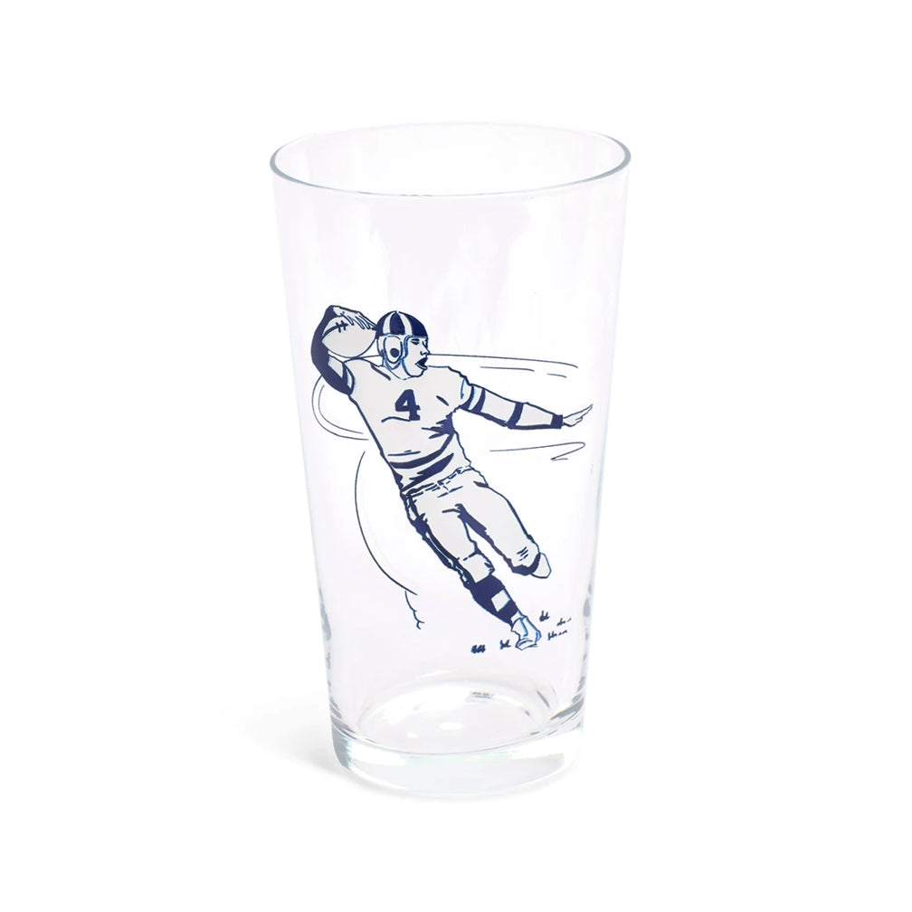 Clear pint glass with a navy illustration of a football player in a number 4 jersey