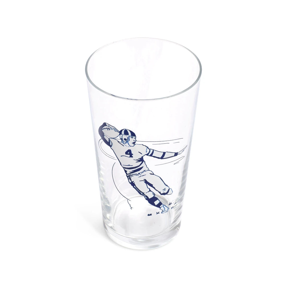 Football pint glass from a higher angle showing the rim