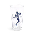 Soccer pint glass at a slight angle showing the player illustration