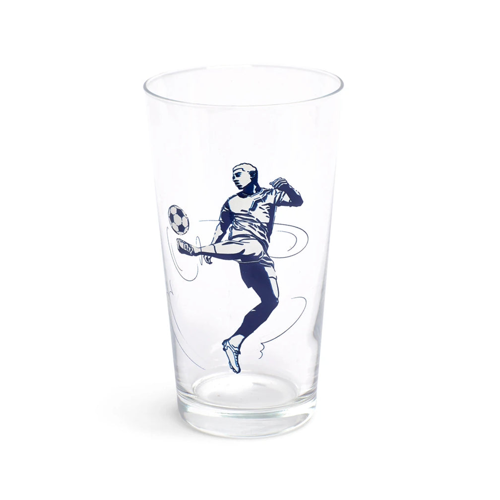 Soccer pint glass at a slight angle showing the player illustration