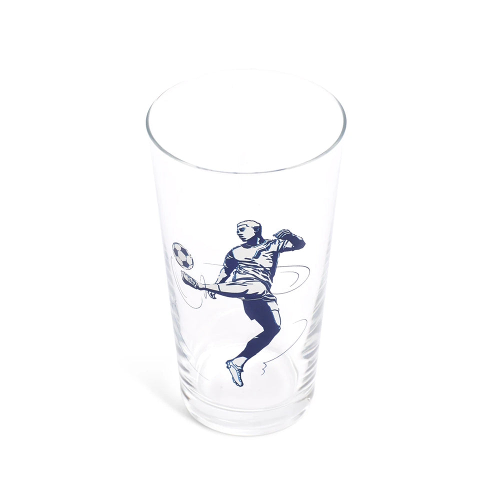 Soccer pint glass from a higher angle showing the rim