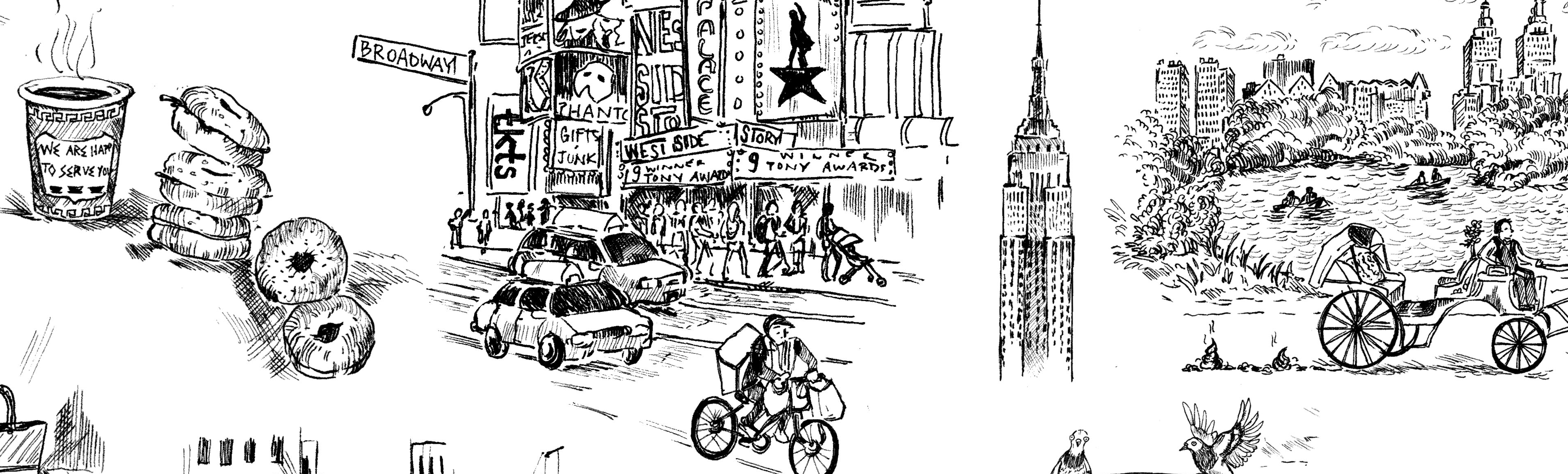 Illustrated cityscape with various elements like a coffee cup, car, and Empire State Building.